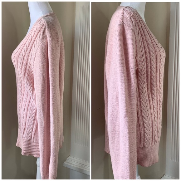 Chaps classic pink cable knit v-neck sweater with subtle shimmer - Picture 7 of 14